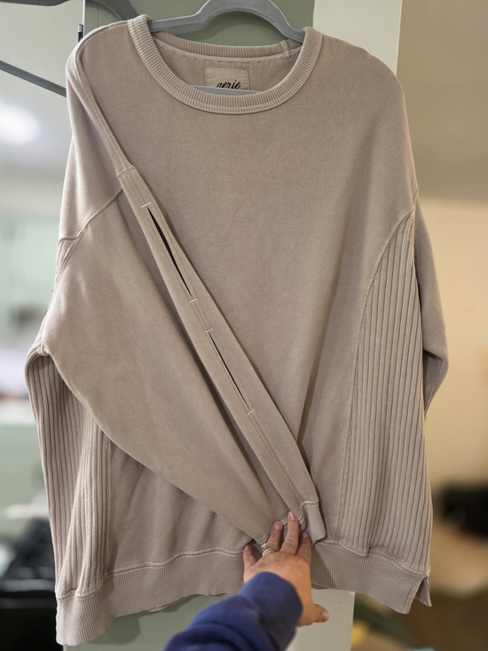 aerie Tops - aerie Ribbed Side Panel, Slit Sleeves, Crewneck Sweatshirt Beige Medium
